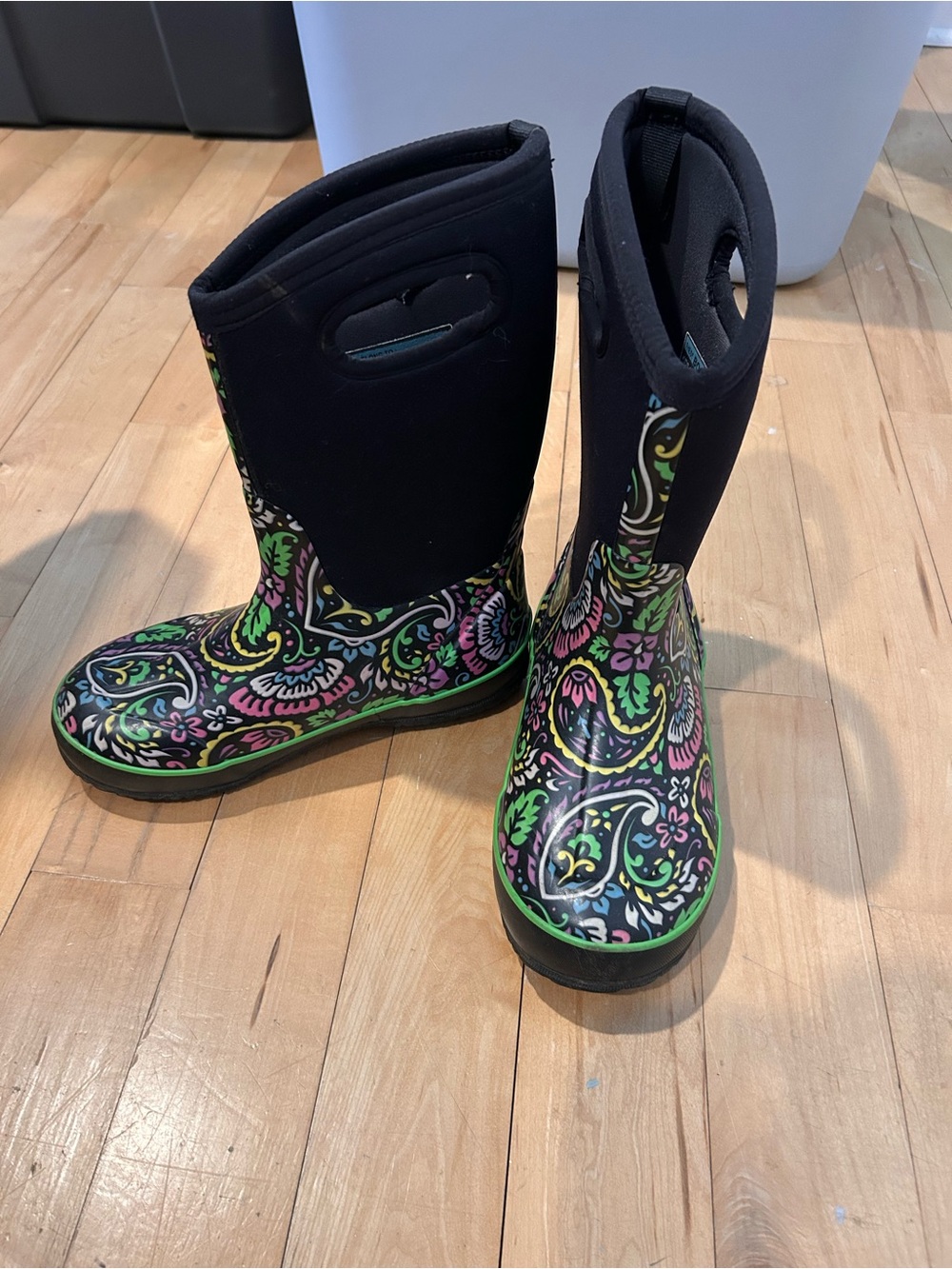 Bogs Kids Black Rain Boots with Multicolor Paisley Print